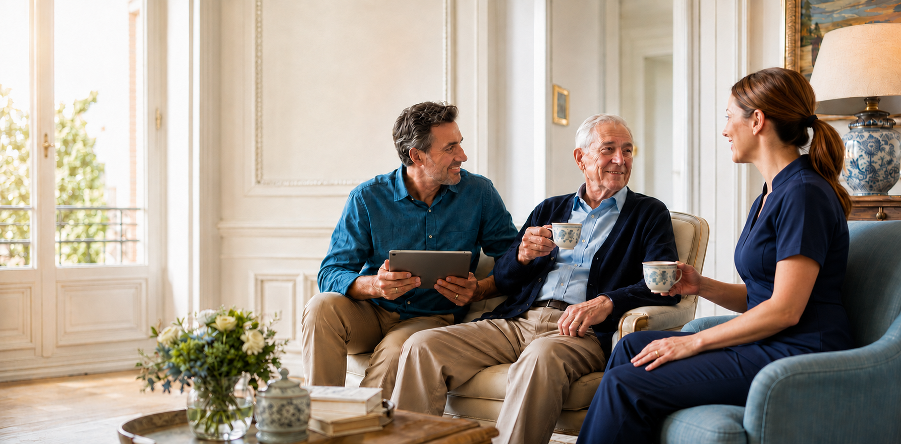 Un père âgé et une infirmière tiennent chacun une tasse de thé tandis que le fils tient une tablette, dans un salon lumineux